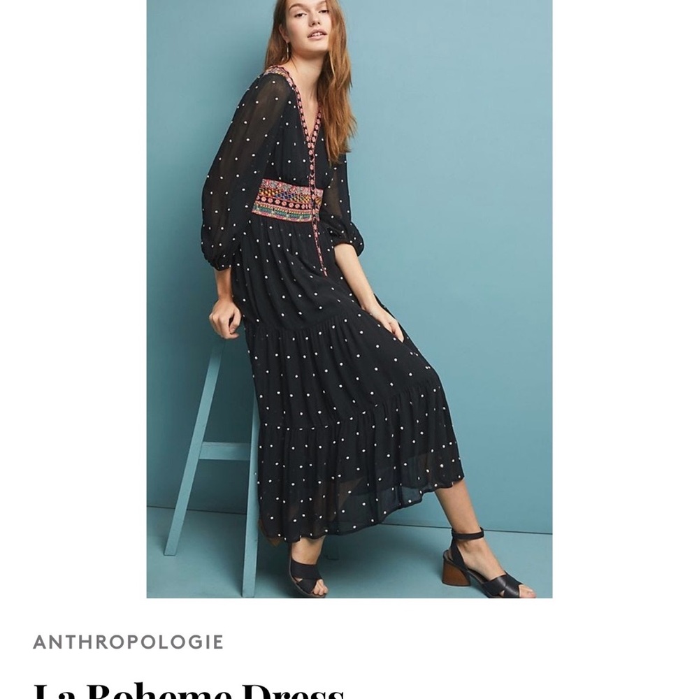 Anthropologie Black Maxi Dress with Pink Trim and Multicolor Embroidery